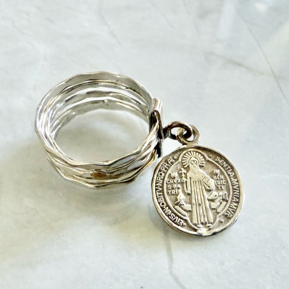 Size 7 wide sterling silver band ring with religious medal charm, Saint Benedict